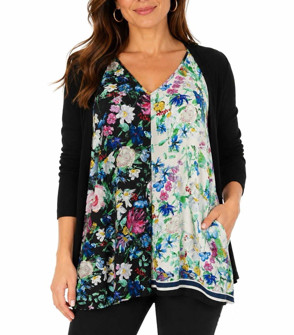MAx Mara Weekend Tunic Floral Front Knit Back 3/4 Sleeve V neck Mixed Media M